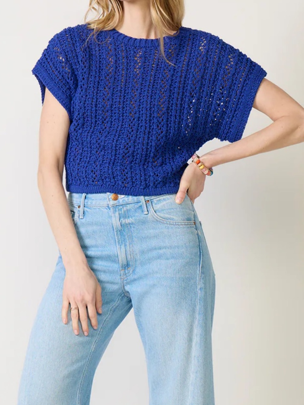NWT Z Supply Ballast Crochet Open Knit Short Sleeve Sweater Top Royal Blue Small
